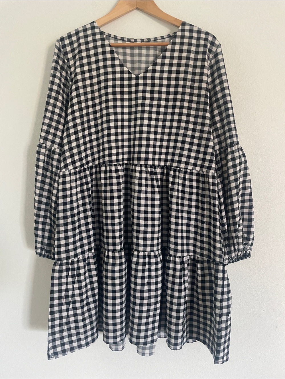 Boutique Black & White Plaid Tiered Long Sleeve Dress